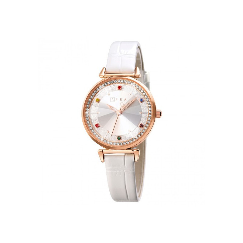 AFRA Gemma Lady's Watch, Rose Gold Metal Case, White Dial, Red Leather Strap, Water Resistant 30m