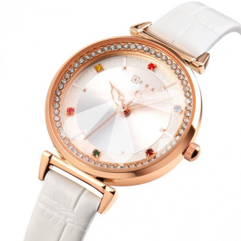 AFRA Gemma Lady's Watch, Rose Gold Metal Case, White Dial, Red Leather Strap, Water Resistant 30m