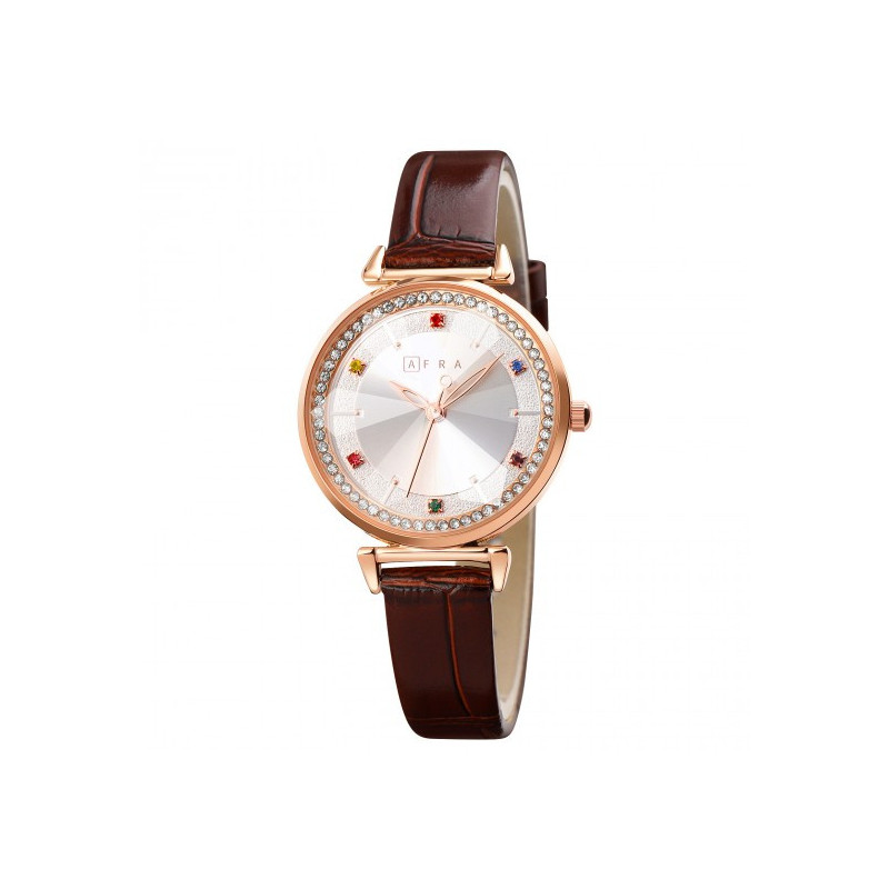 AFRA Gemma Lady's Watch, Rose Gold Metal Case, White Dial, Brown Leather Strap, Water Resistant 30m