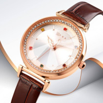 AFRA Gemma Lady's Watch, Rose Gold Metal Case, White Dial, Brown Leather Strap, Water Resistant 30m