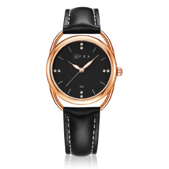 AFRA Carina Lady's Watch, Lightweight Rose Gold Metal Case, Leather Strap, Water Resistant 30m Black