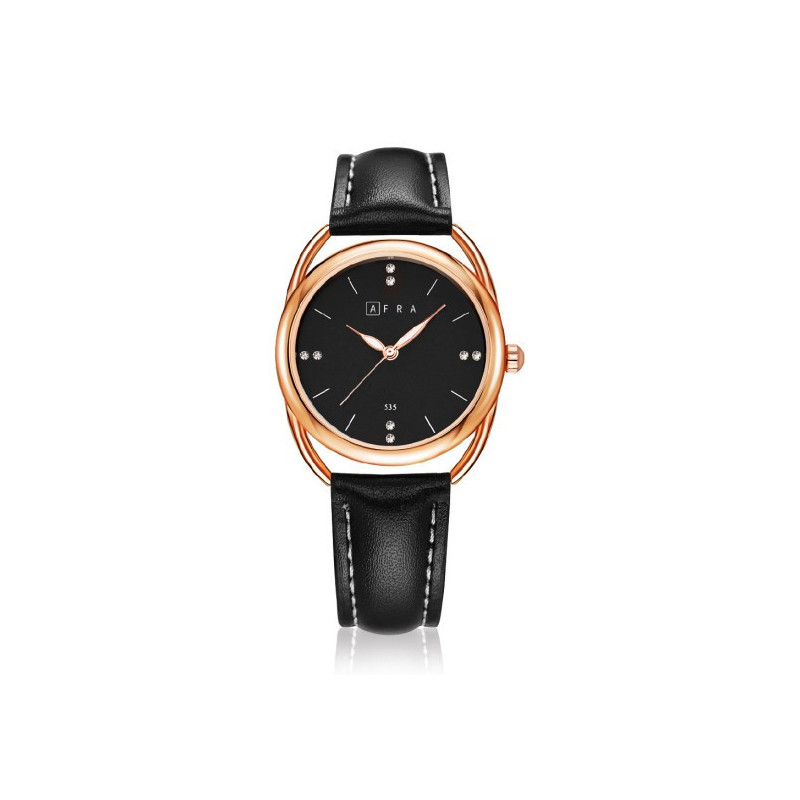 AFRA Carina Lady's Watch, Lightweight Rose Gold Metal Case, Leather Strap, Water Resistant 30m Black