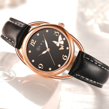 AFRA Carina Lady's Watch, Lightweight Rose Gold Metal Case, Leather Strap, Water Resistant 30m Black