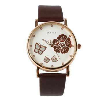 AFRA Elanor Lady's Watch, Lightweight Rose Gold Metal Case, Leather Strap, Water Resistant 30m Brown