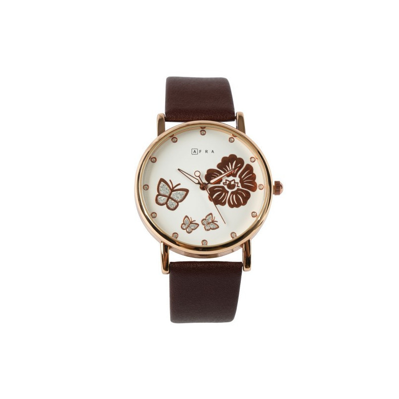 AFRA Elanor Lady's Watch, Lightweight Rose Gold Metal Case, Leather Strap, Water Resistant 30m Brown