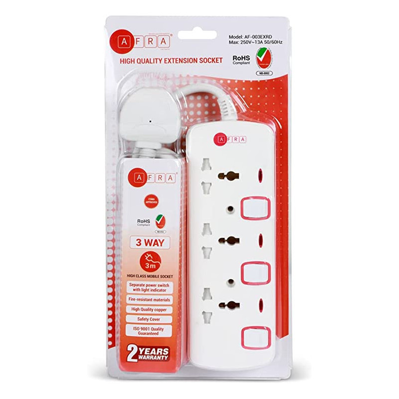 AFRA Japan Universal Extension Cord, 3 Way 3M, 3 Universal Sockets, 3 Meter Cable, Easy Set-Up & Storage, Shock proof, 250V, ESMA, ROHS, and CB Certified with 2 Years Warranty
