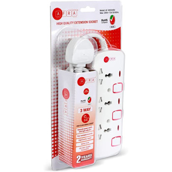 AFRA Japan Universal Extension Cord, 3 Way 3M, 3 Universal Sockets, 3 Meter Cable, Easy Set-Up & Storage, Shock proof, 250V, ESMA, ROHS, and CB Certified with 2 Years Warranty