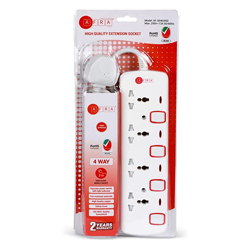 AFRA Japan Universal Extension Cord, 4 Way 3M, 4 Universal Sockets, 3 Meter Cable, Shock proof, 250V, ESMA, ROHS, and CB Certified with 2 Years Warranty