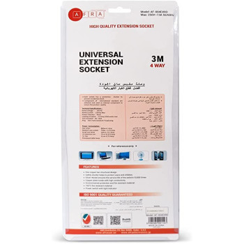 AFRA Japan Universal Extension Cord, 4 Way 3M, 4 Universal Sockets, 3 Meter Cable, Shock proof, 250V, ESMA, ROHS, and CB Certified with 2 Years Warranty