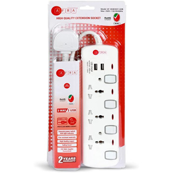 AFRA JAPAN Universal Extension Cord, 3Way 2USB 3M, 3 Universal Sockets, 2 USB Ports, 3 Meter Cable, Plastic Housing, Shock proof, 250V, ESMA, ROHS, and CB Certified with 2 Years Warranty
