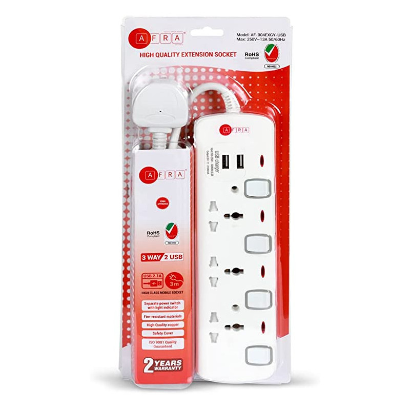 AFRA JAPAN Universal Extension Cord, 3Way 2USB 3M, 3 Universal Sockets, 2 USB Ports, 3 Meter Cable, Plastic Housing, Shock proof, 250V, ESMA, ROHS, and CB Certified with 2 Years Warranty