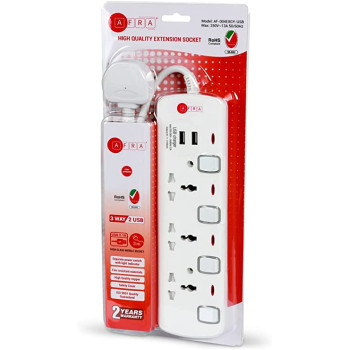 AFRA JAPAN Universal Extension Cord, 3Way 2USB 3M, 3 Universal Sockets, 2 USB Ports, 3 Meter Cable, Plastic Housing, Shock proof, 250V, ESMA, ROHS, and CB Certified with 2 Years Warranty