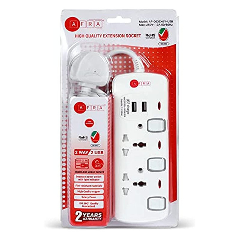 AFRA Japan Universal Extension Cord, 2 Way 2USB 2M, 2 Universal Sockets, 2 USB Ports, 3 Meter Cable, Plastic Housing, Shock Proof, 250V, ESMA, ROHS, and CB Certified with 2 Years Warranty