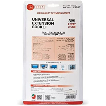 AFRA Japan Universal Extension Cord, 2 Way 2USB 2M, 2 Universal Sockets, 2 USB Ports, 3 Meter Cable, Plastic Housing, Shock Proof, 250V, ESMA, ROHS, and CB Certified with 2 Years Warranty