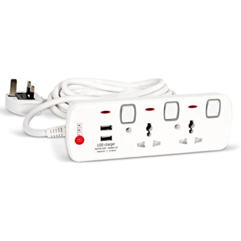 AFRA Japan Universal Extension Cord, 2 Way 2USB 2M, 2 Universal Sockets, 2 USB Ports, 3 Meter Cable, Plastic Housing, Shock Proof, 250V, ESMA, ROHS, and CB Certified with 2 Years Warranty