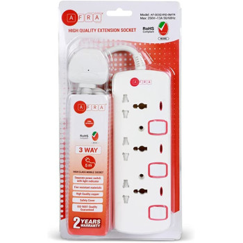 AFRA Japan Universal Extension Cord, 3 Way, 3 Universal Sockets, 5 Meter Cable, Easy Set-Up & Storage, Shockproof, 250V with 2 years warranty