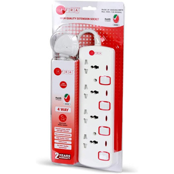 AFRA Japan Universal Extension Cord, 4 Way, 4 Universal Sockets, 5 Meter Cable, Easy Set-Up & Storage, Shockproof, 250V with 2 years warranty