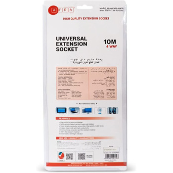 AFRA Japan Universal Extension Cord, 4 Way, 4 Universal Sockets, 10 Meter Cable, Easy Set-Up & Storage, Shockproof, 250V with 2 years warranty