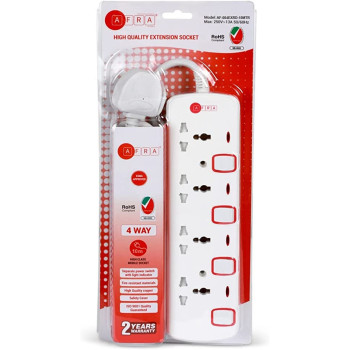 AFRA Japan Universal Extension Cord, 4 Way, 4 Universal Sockets, 10 Meter Cable, Easy Set-Up & Storage, Shockproof, 250V with 2 years warranty