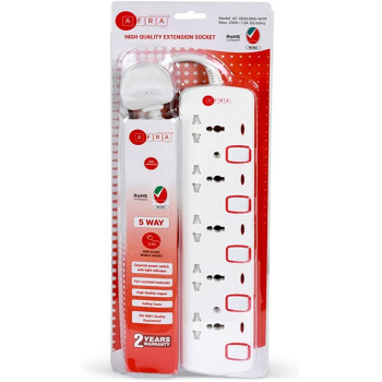 AFRA Japan Universal Extension Cord, 5Way, 5 Universal Sockets, 5 Meter Cable, Easy Set-Up & Storage, Shockproof, 250V with 2 Years warranty