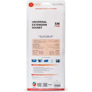AFRA Japan Universal Extension Cord, 5Way, 5 Universal Sockets, 5 Meter Cable, Easy Set-Up & Storage, Shockproof, 250V with 2 Years warranty