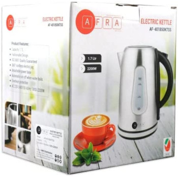 AFRA Japan Electric Kettle, 1.7L Capacity, 2200W, Automatic Shut-off, Overheat Protection, Stainless Steel Finish, G-Mark, ESMA, RoHS, CB, 2 years warranty