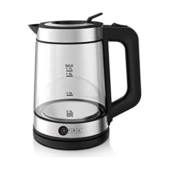 AFRA Japan Electric Kettle, 1.7L Capacity, 2200W, Automatic Shut-off, Overheat Protection, Glass and Silver, G-Mark, ESMA, RoHS, CB, 2 years warranty