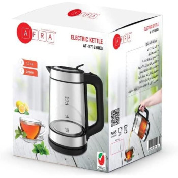 AFRA Japan Electric Kettle, 1.7L Capacity, 2200W, Automatic Shut-off, Overheat Protection, Glass and Silver, G-Mark, ESMA, RoHS, CB, 2 years warranty