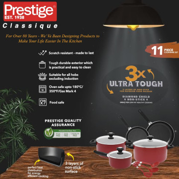 Prestige Classique 11 Piece Nonstick Cooking Surface With Glass Lid, Gas Mark 4, Red