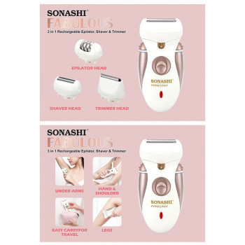 Sonashi 3 In 1 Rechargeable Epilator, Shaver & Trimmer (SLD-824) (WHITE-ROSE GOLD)