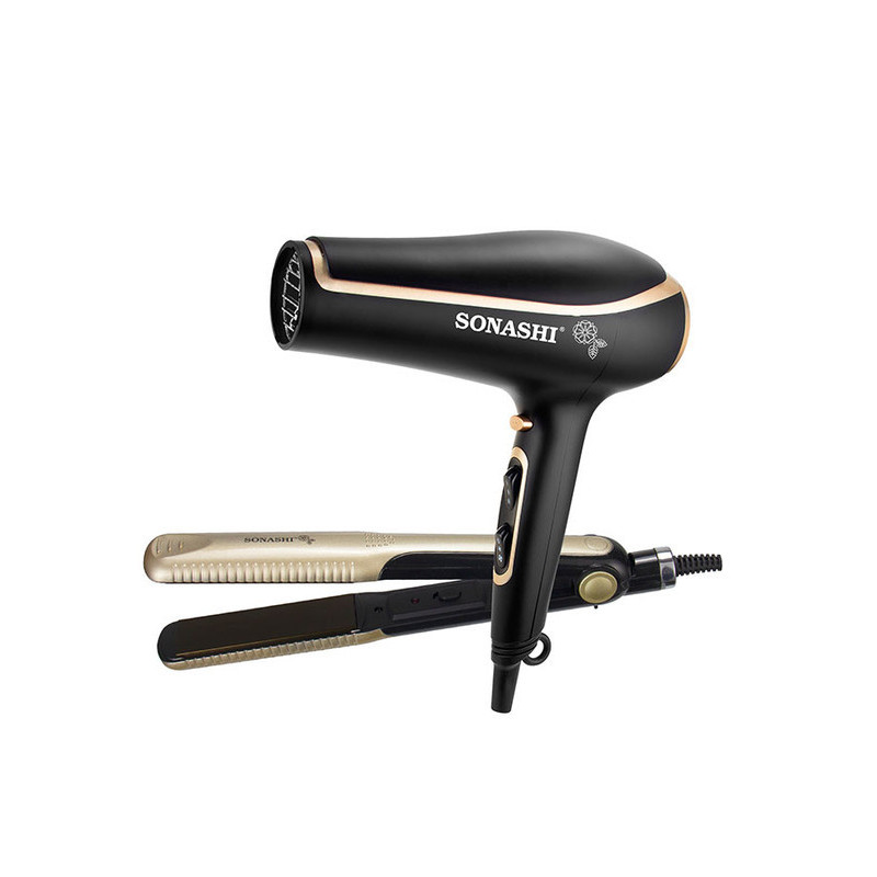 SONASHI Portable Travel Hair Dryer & Straightener Set, Gold-Black (SBS-500)