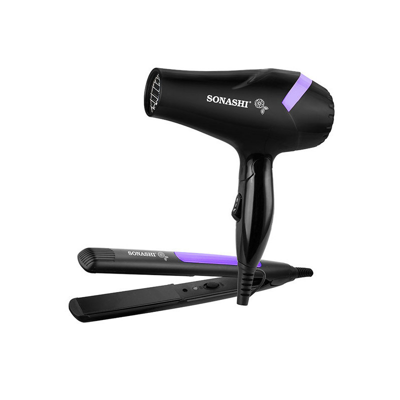 SONASHI Portable Travel Hair Dryer & Straightener Set, Black-Purple (SBS-600)