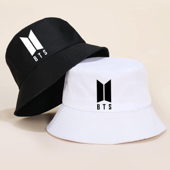 Generic Korean Store BTS Logo Bucket Hat Unisex Black Cotton Fisher Cap, Round Cap Small Brim Cap for Teenagers Girls Wide Brim Black