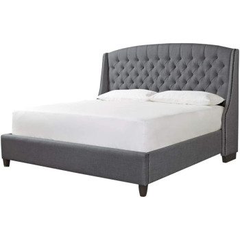 R2R Furniture Tufted Upholstered Super King Bed With Winged Headboard : 200X200Cm With Mattress