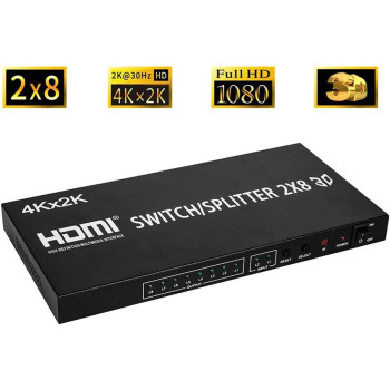 UK PLUS 2X8 Hdmi Matrix Switcher 2 In 8 Out Splitter 4Kx2K Active Amplifier Extender Ultra Hd 1080P 3D Audio Video Selector With Ir Remote Adapter For Hdtv Pc Projector Sky Box Ps4