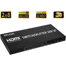 UK PLUS 2X8 Hdmi Matrix Switcher 2 In 8 Out Splitter 4Kx2K Active Amplifier Extender Ultra Hd 1080P 3D Audio Video Selector With Ir Remote Adapter For Hdtv Pc Projector Sky Box Ps4