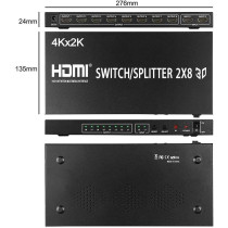 UK PLUS 2X8 Hdmi Matrix Switcher 2 In 8 Out Splitter 4Kx2K Active Amplifier Extender Ultra Hd 1080P 3D Audio Video Selector With Ir Remote Adapter For Hdtv Pc Projector Sky Box Ps4