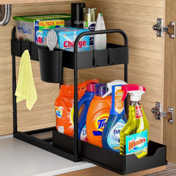 Under Sink Organizers Storage,2 Tier Pull Out Sliding Drawer Under Cabinet Organizer Bathroom Organizer Countertop With Hooks,Hanging Cup,Multi-Purpose Storage Shelf For Cabinet (Black)