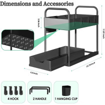Under Sink Organizers Storage,2 Tier Pull Out Sliding Drawer Under Cabinet Organizer Bathroom Organizer Countertop With Hooks,Hanging Cup,Multi-Purpose Storage Shelf For Cabinet (Black)