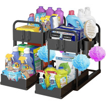 Under Sink Organizers Storage,2 Tier Pull Out Sliding Drawer Under Cabinet Organizer Bathroom Organizer Countertop With Hooks,Hanging Cup,Multi-Purpose Storage Shelf For Cabinet (Black)