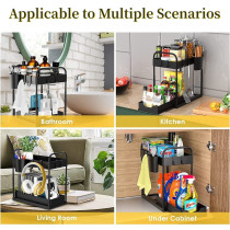 Under Sink Organizers Storage,2 Tier Pull Out Sliding Drawer Under Cabinet Organizer Bathroom Organizer Countertop With Hooks,Hanging Cup,Multi-Purpose Storage Shelf For Cabinet (Black)