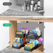 Under Sink Organizers Storage,2 Tier Pull Out Sliding Drawer Under Cabinet Organizer Bathroom Organizer Countertop With Hooks,Hanging Cup,Multi-Purpose Storage Shelf For Cabinet (Black)