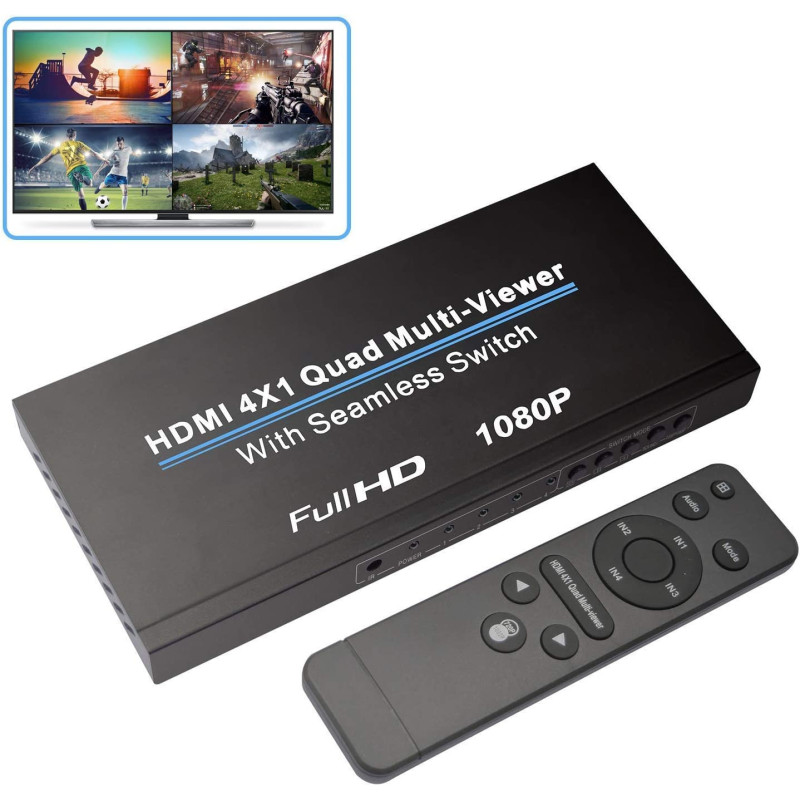 UK PLUS Hdmi Swithcer 4X1, Hdmi Quad Multi-Viewer Hdmi Switcher 1080P Hdmi Splitter Seamless Ir Control Eu 3D Support 5 Modes For Ps4/Pc/Stb/Dvd (Style 1)