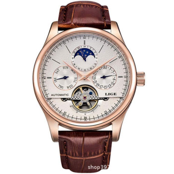 Lige Waterproof Mens Watches Luxury Business Mechanical Watch Automatic Gold White Leather Strap Wristwatch, Gold White, Mechanical