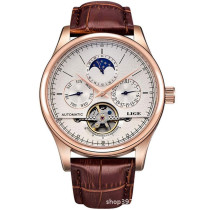 Lige Waterproof Mens Watches Luxury Business Mechanical Watch Automatic Gold White Leather Strap Wristwatch, Gold White, Mechanical