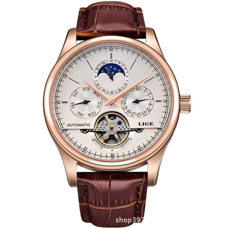 Lige Waterproof Mens Watches Luxury Business Mechanical Watch Automatic Gold White Leather Strap Wristwatch, Gold White, Mechanical