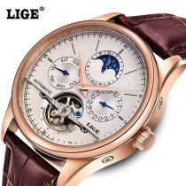 Lige Waterproof Mens Watches Luxury Business Mechanical Watch Automatic Gold White Leather Strap Wristwatch, Gold White, Mechanical