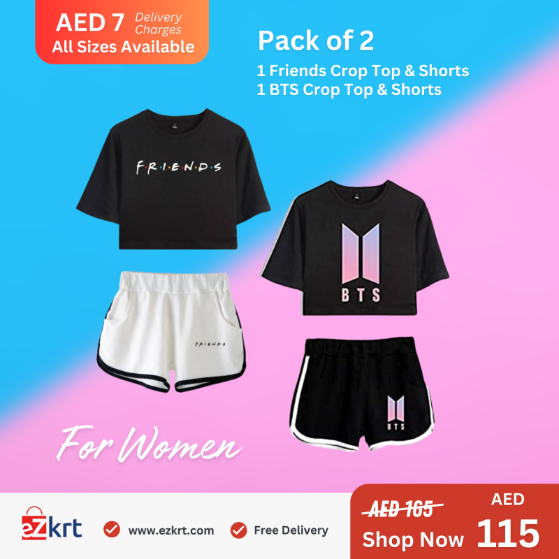 BTS Unisex Friends Crop Top & Shorts + BTS Crop Top & Shorts Combo Set