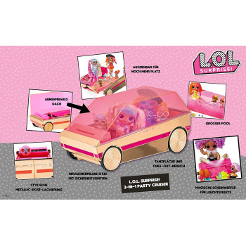 L.O.L. Surprise! 118305EUc 3-In-1 Party Cruiser Car-With Surprise Pool, Dance Floor, & Magic Black Lights-Rose Gold With Pink Trim-Fits Lol Surprise & Omg Dolls-Collectable