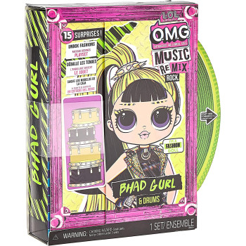 L.O.L. Surprise! OMG Remix Rock BGurl/Drm Fashion Doll with 15 Surprises Including Drums, Outfit, Shoes, Hair Brush, Doll Stand, Lyric Magazine, and Record Player
